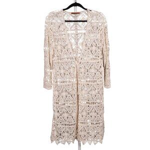 Crochet Cardigan Duster L Beige Scalloped Hem Tie Front Boho Hippie Festival